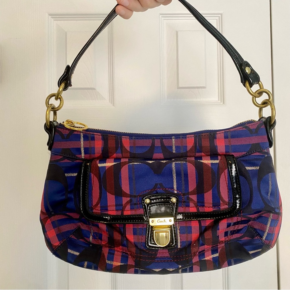 Coach shoulder bag with gold hardware satin lining purple red pink black plaid